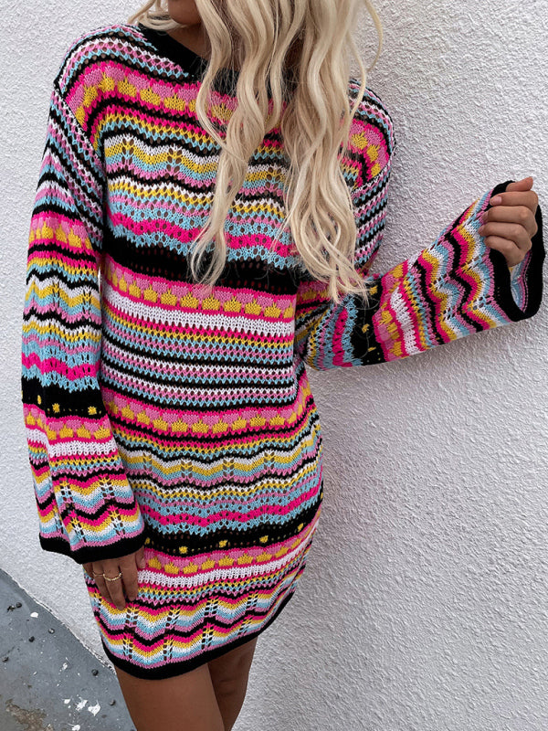 Striped Knit Pullover Sweater with Openwork Design Mini Dresses MyDresses 