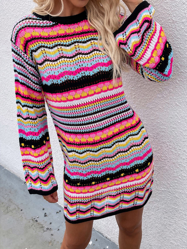 Striped Knit Pullover Sweater with Openwork Design Mini Dresses MyDresses Black 8 | S 