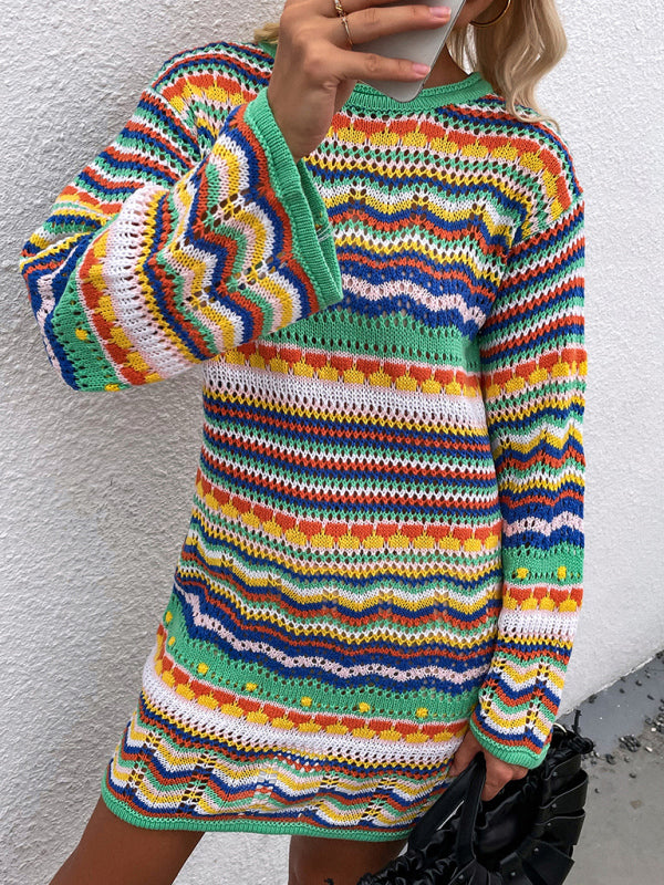 Striped Knit Pullover Sweater with Openwork Design Mini Dresses MyDresses 
