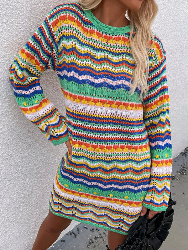 Striped Knit Pullover Sweater with Openwork Design Mini Dresses MyDresses 