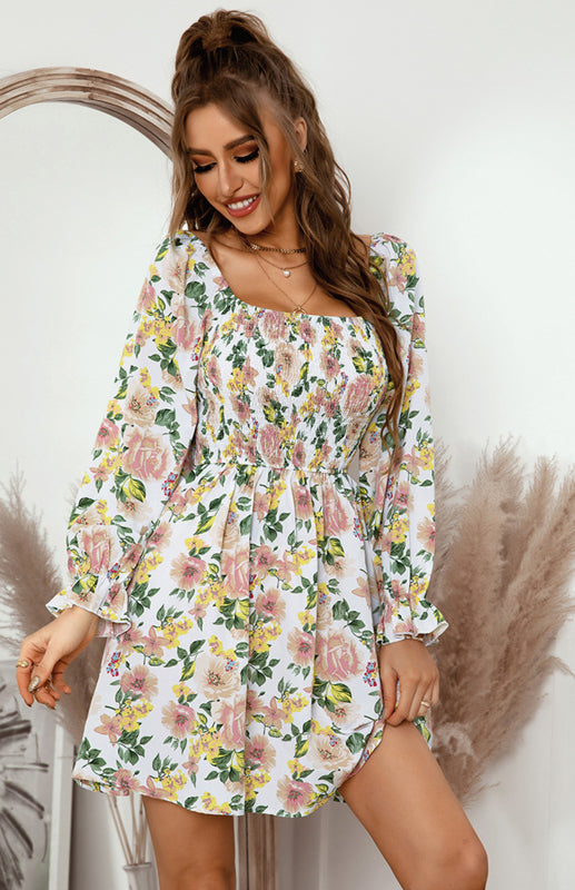 Floral Print Mini Dress with Smocked Bodice and Square Neck Mini Dresses MyDresses Off White 8 | S 
