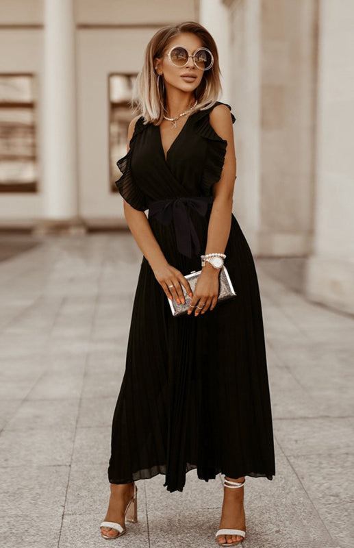 Ruffle Sleeve Maxi Dress with Pleated Chiffon Design Group4 MyDresses Black 8 | S