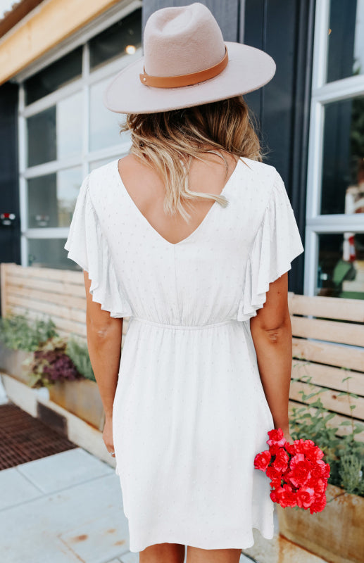 V-Neck Mini Dress with Ruffle Sleeves and Polka Dot Print Mini Dresses MyDresses 