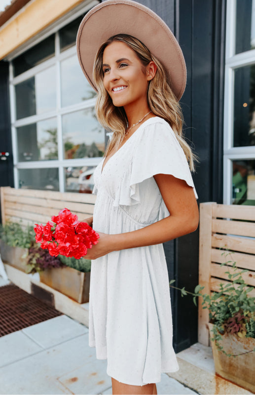 V-Neck Mini Dress with Ruffle Sleeves and Polka Dot Print Mini Dresses MyDresses 