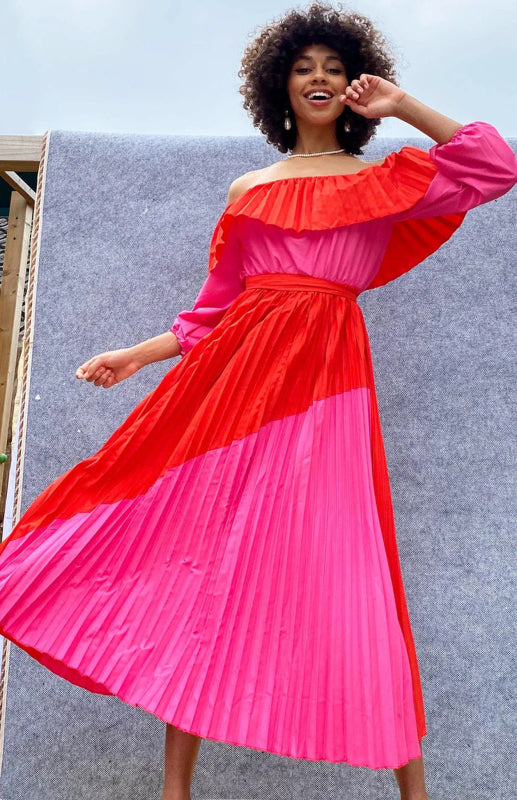 Colorblock Pleated Off-the-Shoulder Maxi Dress Maxi Dresses MyDresses 