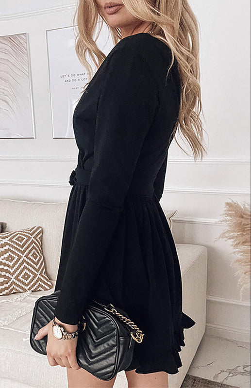 V-Neck Mini Dress with Lace-Up Waist and Ruffled Hem Mini Dresses MyDresses 