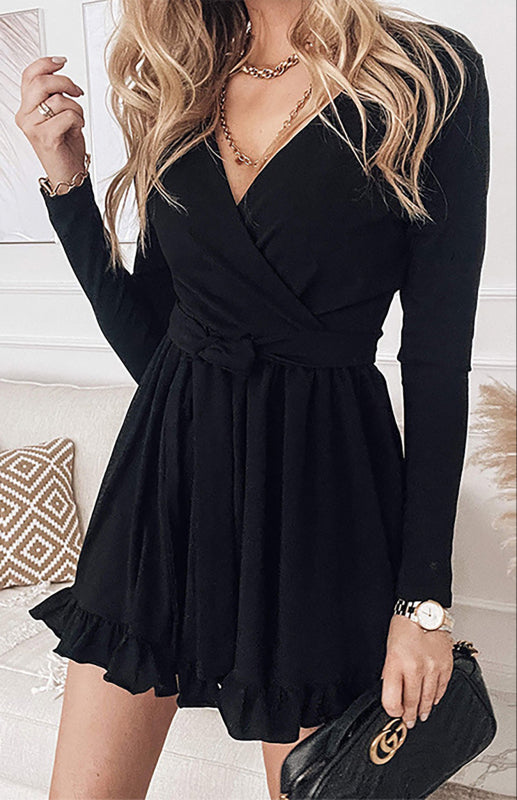 V-Neck Mini Dress with Lace-Up Waist and Ruffled Hem Mini Dresses MyDresses Black 8 | S 