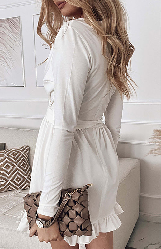 V-Neck Mini Dress with Lace-Up Waist and Ruffled Hem Mini Dresses MyDresses 