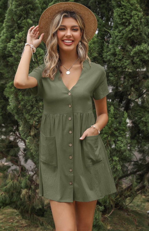 V-Neck Shirt Dress with Button-Down Front and Pockets Mini Dresses MyDresses 