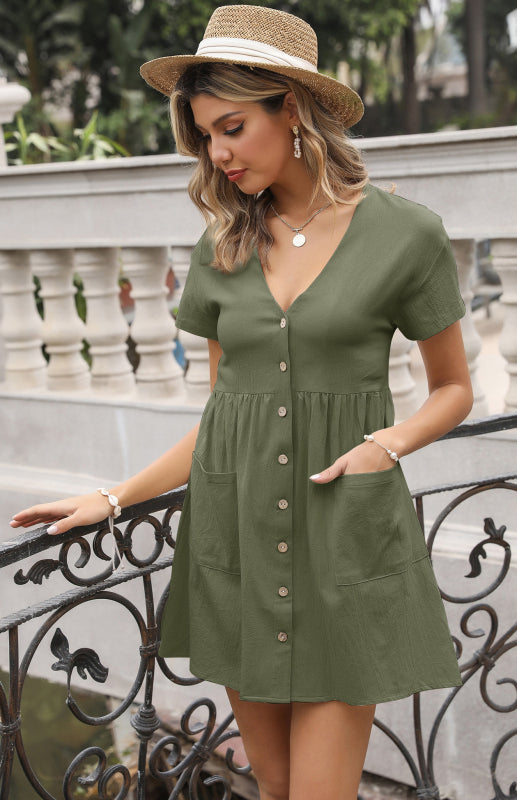 V-Neck Shirt Dress with Button-Down Front and Pockets Mini Dresses MyDresses Green 8 | S 