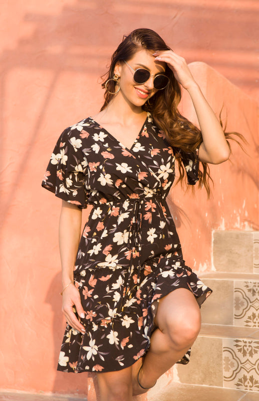 Leopard Print V-Neck Dress with Flutter Sleeves and Tiered Skirt Maxi Dresses MyDresses 