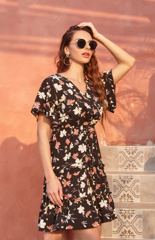 Leopard Print V-Neck Dress with Flutter Sleeves and Tiered Skirt Maxi Dresses MyDresses 