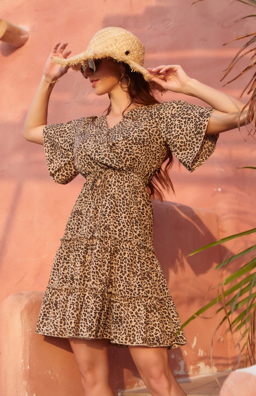 Leopard Print V-Neck Dress with Flutter Sleeves and Tiered Skirt Maxi Dresses MyDresses 