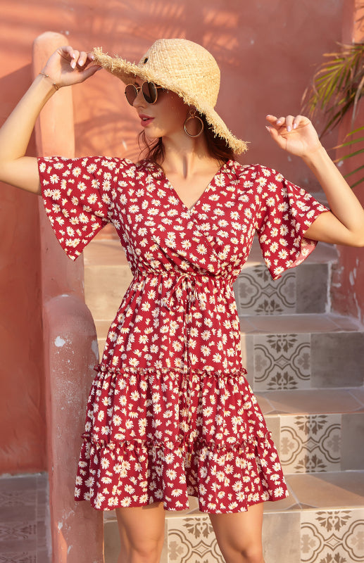 Leopard Print V-Neck Dress with Flutter Sleeves and Tiered Skirt Maxi Dresses MyDresses 