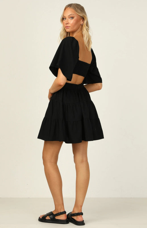 Square Neckline Short Dress with Elastic Waist and Tiered Skirt Mini Dresses MyDresses 