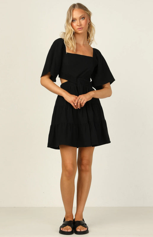 Square Neckline Short Dress with Elastic Waist and Tiered Skirt Mini Dresses MyDresses 