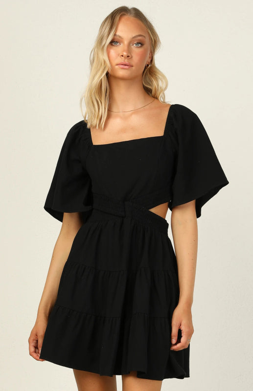 Square Neckline Short Dress with Elastic Waist and Tiered Skirt Mini Dresses MyDresses 