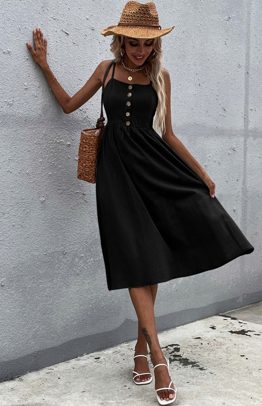 Button-Down Midi Dress with Sleeveless Design and Flared Skirt Midi Dresses MyDresses 