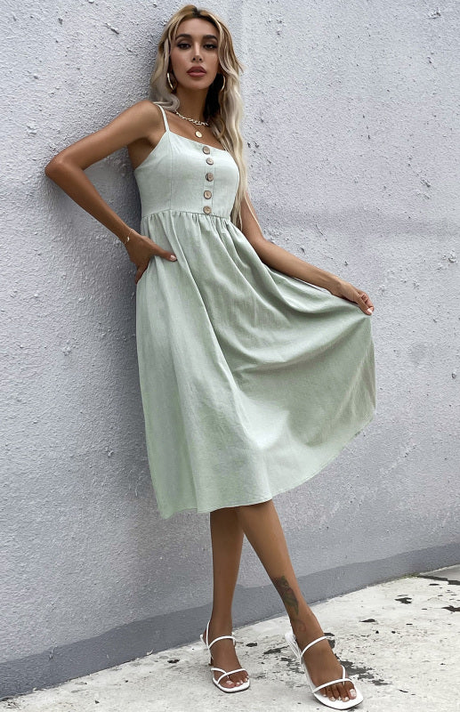 Button-Down Midi Dress with Sleeveless Design and Flared Skirt Midi Dresses MyDresses 
