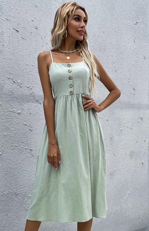 Button-Down Midi Dress with Sleeveless Design and Flared Skirt Midi Dresses MyDresses Mint Green 8 | S 