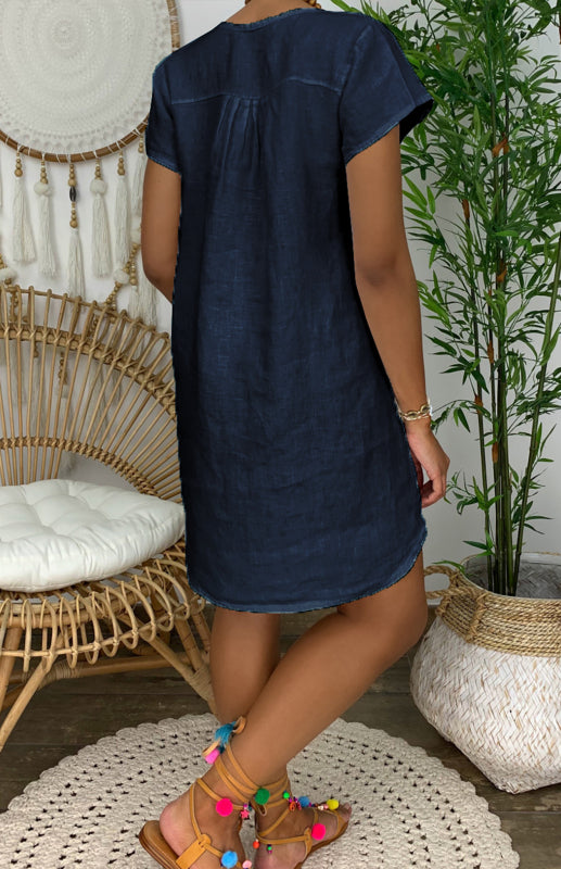 V-Neck Linen Dress with Rolled Sleeves and Curved Hem Mini Dresses MyDresses 