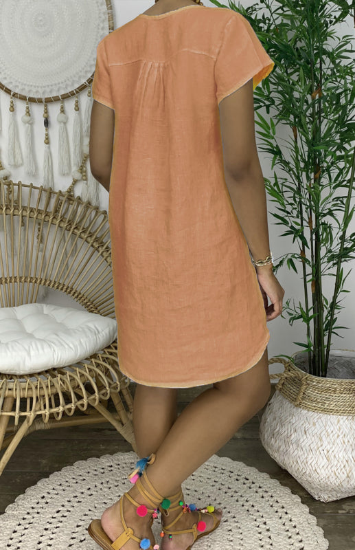 V-Neck Linen Dress with Rolled Sleeves and Curved Hem Mini Dresses MyDresses 