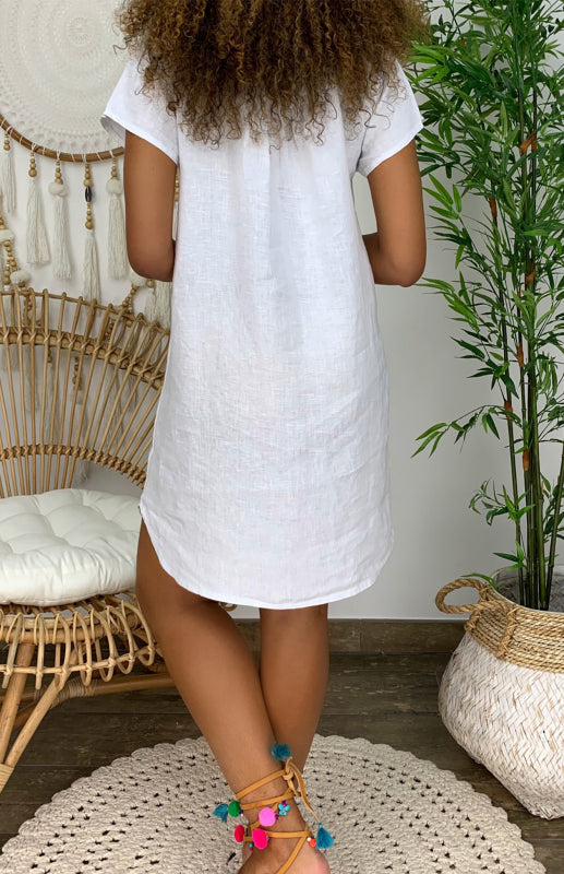 V-Neck Linen Dress with Rolled Sleeves and Curved Hem Mini Dresses MyDresses 