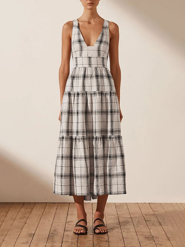 Deep V-Neck Midi Dress with Open Back and Check Pattern Midi Dresses MyDresses 
