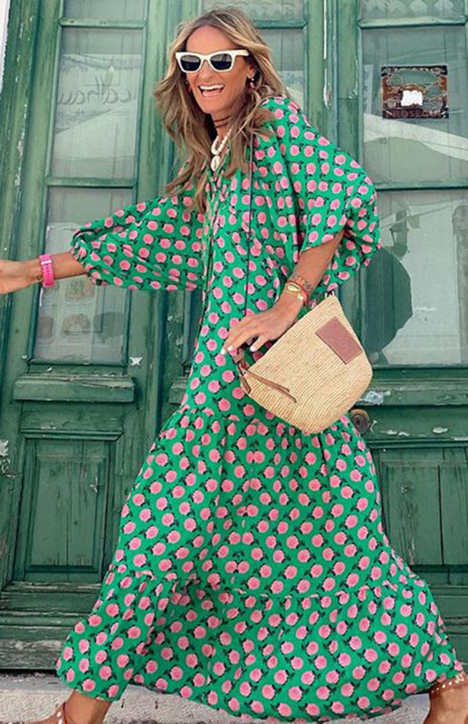V-Neck Maxi Dress with Geometric Print and Puff Sleeves Maxi Dresses MyDresses 