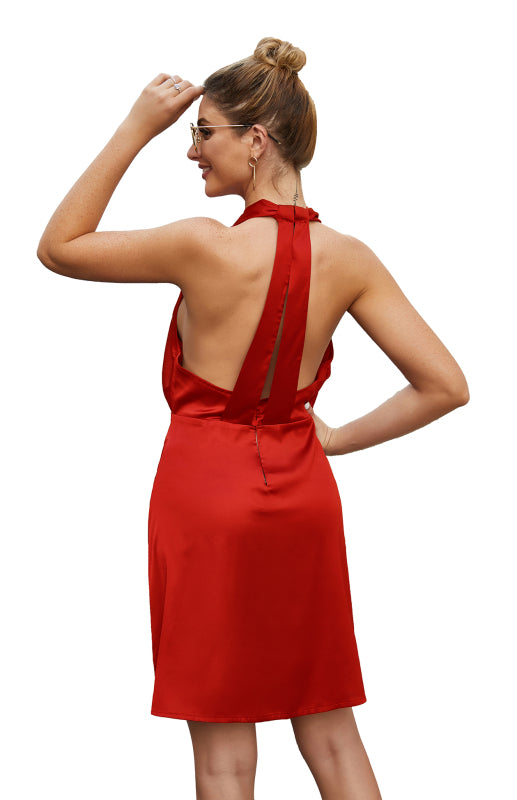 Backless Satin Dress with Halter Neckline Midi Dresses MyDresses 