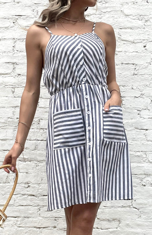 Striped Slip Mini Dress with Button-Down Front and Adjustable Straps Mini Dresses MyDresses Grey 8 | S 