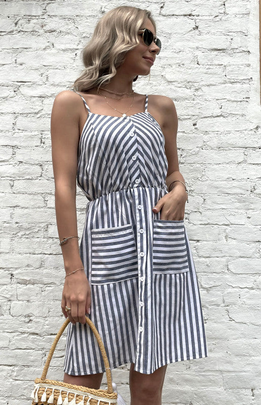 Striped Slip Mini Dress with Button-Down Front and Adjustable Straps Mini Dresses MyDresses 