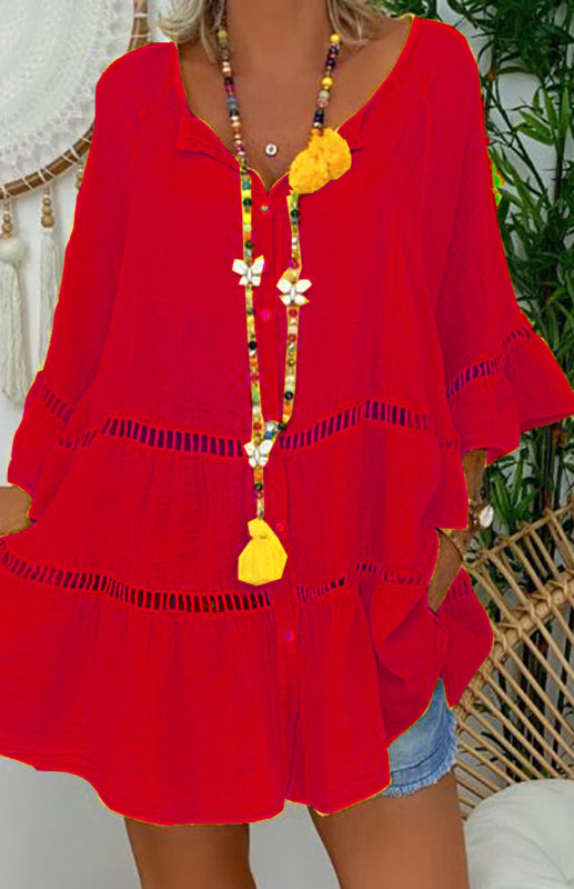 V-Neck Cotton Linen Dress with Cutout Details Mini Dresses MyDresses Red 8 | S 