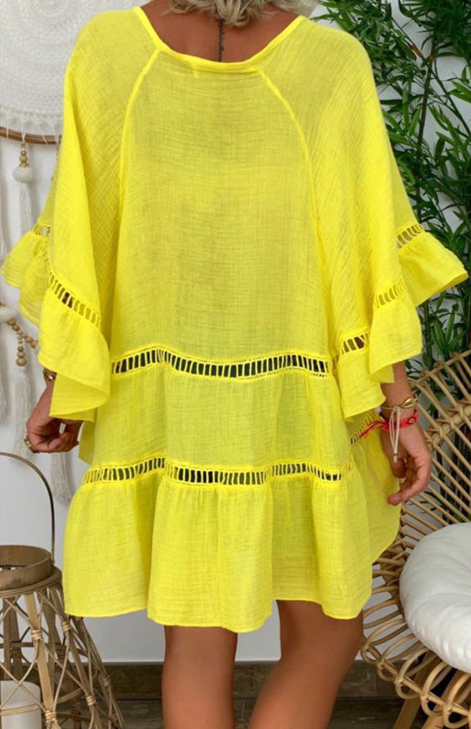 V-Neck Cotton Linen Dress with Cutout Details Mini Dresses MyDresses 