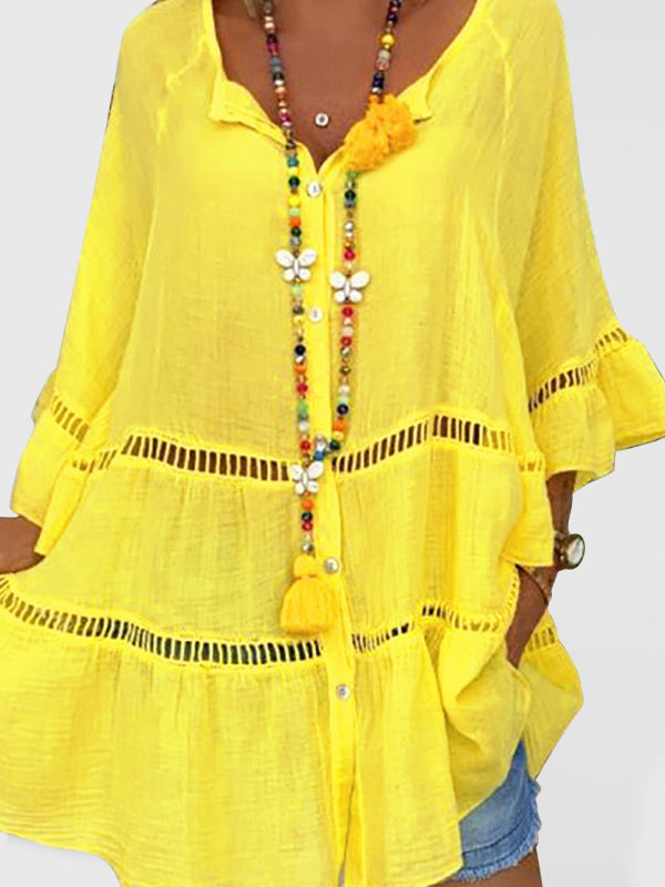 V-Neck Cotton Linen Dress with Cutout Details Mini Dresses MyDresses Yellow 8 | S 