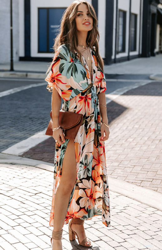 Floral Print Kimono Dress with High Slit and Wrap Design Maxi Dresses MyDresses 
