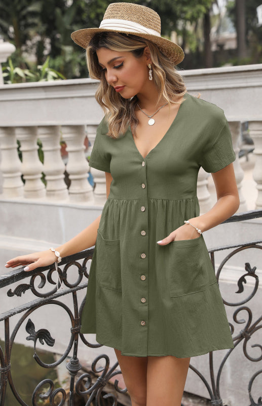 V-Neck Shirt Dress with Button-Down Front and Pleated Waist Mini Dresses MyDresses 