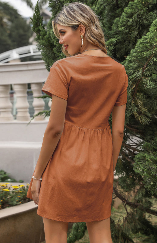 V-Neck Shirt Dress with Button-Down Front and Pleated Waist Mini Dresses MyDresses 