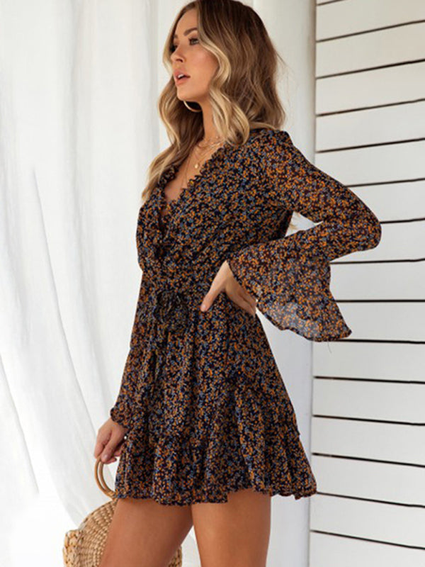 Floral Wrap Mini Dress with Ruffle Hem and Cinched Waist Mini Dresses MyDresses 