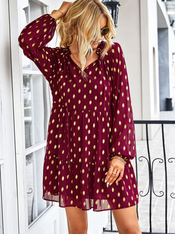Polka Dot Mini Dress with V-Neck and Tiered A-Line Design Mini Dresses MyDresses 