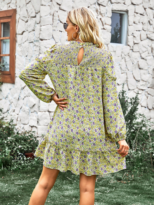 Floral Mini Dress with Smocked Neckline and Ruffled Hem Mini Dresses MyDresses 