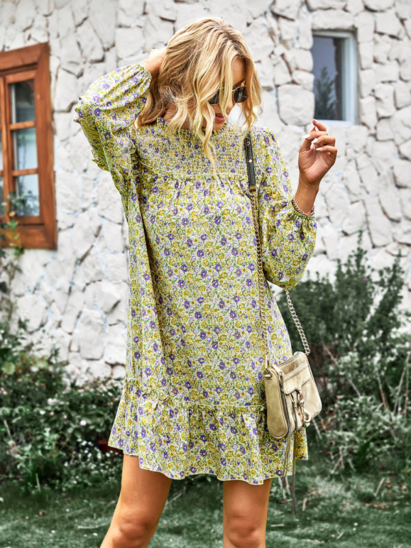Floral Mini Dress with Smocked Neckline and Ruffled Hem Mini Dresses MyDresses 