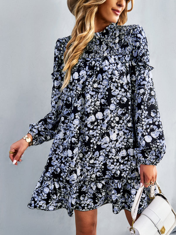 Floral Mini Dress with Smocked Neckline and Ruffled Hem Mini Dresses MyDresses Blue 8 | S 