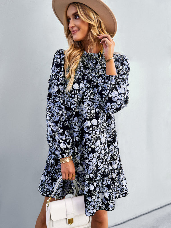 Floral Mini Dress with Smocked Neckline and Ruffled Hem Mini Dresses MyDresses 
