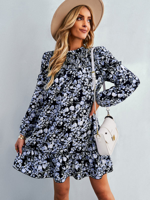 Floral Mini Dress with Smocked Neckline and Ruffled Hem Mini Dresses MyDresses 