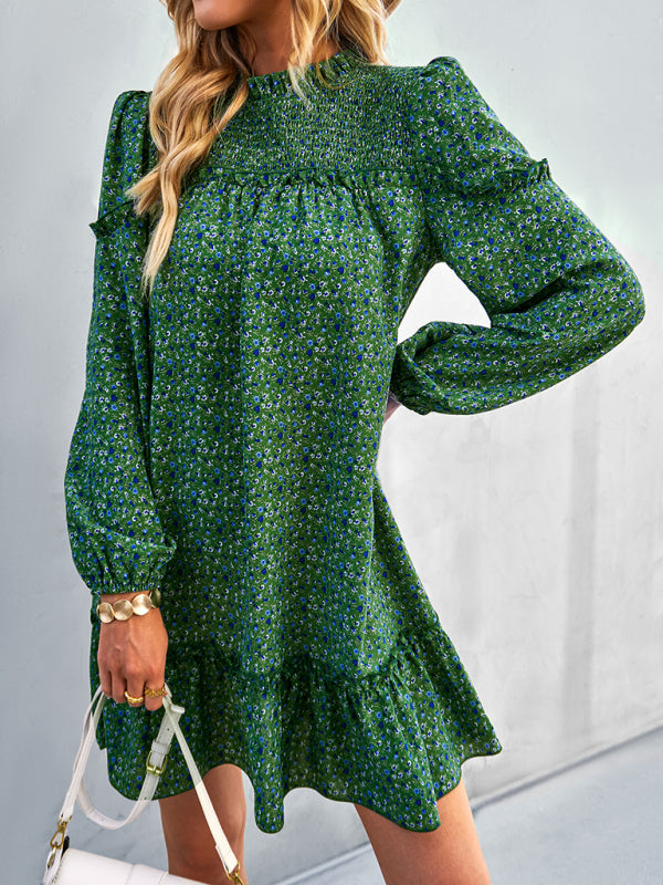 Floral Mini Dress with Smocked Neckline and Ruffled Hem Mini Dresses MyDresses Green 8 | S 