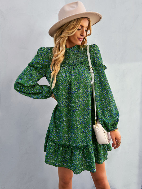 Floral Mini Dress with Smocked Neckline and Ruffled Hem Mini Dresses MyDresses 
