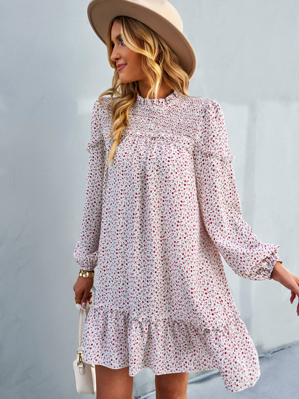 Floral Mini Dress with Smocked Neckline and Ruffled Hem Mini Dresses MyDresses 