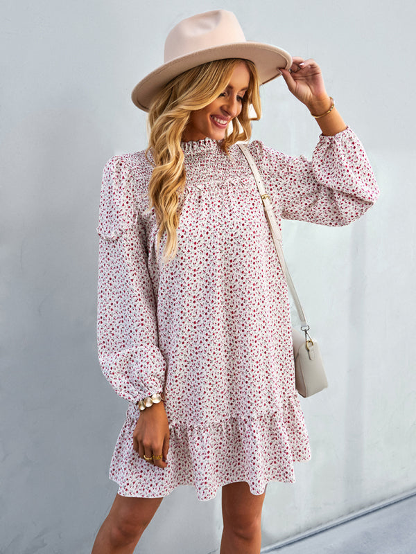 Floral Mini Dress with Smocked Neckline and Ruffled Hem Mini Dresses MyDresses 