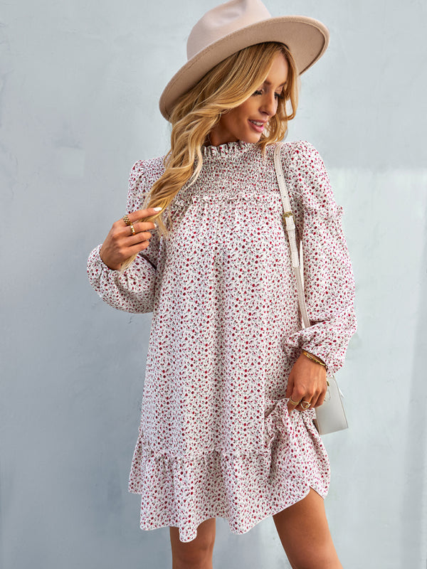 Floral Mini Dress with Smocked Neckline and Ruffled Hem Mini Dresses MyDresses 